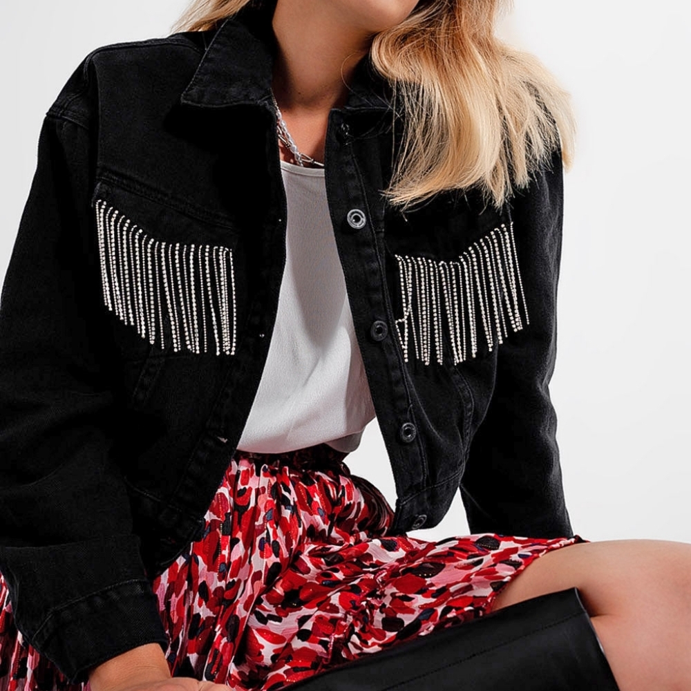 Q2 size Large Black Denim Jacket with Rhinestone tassles. NWT